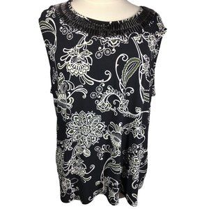 Roz & Ali Woman's 2X Floral Beaded Sleeveless Blouse Shirt Black White
